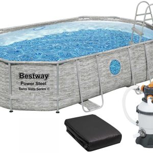 Каркасний басейн Bestway 56946 (488х305х107 см) з пісочним фільтром, драбиною та захисним тентом