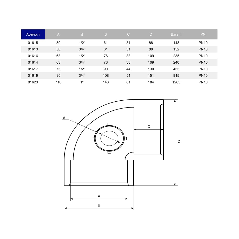 Коліно ПВХ Hidroten "AIR L" 1001615, 90°, з металевим кільцем, d50-1/2" 2 Коліно ПВХ Hidroten "AIR L" 1001619, 90°, з металевим кільцем, d90