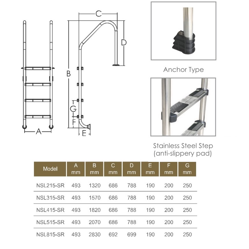 Сходи для басейну Emaux Standard NSL215-SR (2 сходинки), AISI-304 2 Сходи для басейну Emaux Standard NSL315-SR (3 сходинки), AISI-316