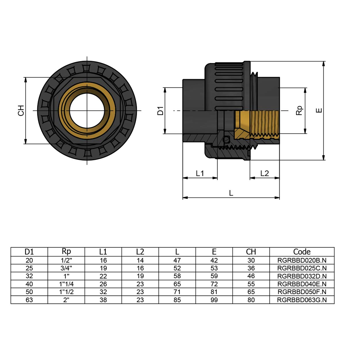 Муфта ПВХ Effast RGRBBD020B.N перехідна, з внутрішньою різьбою d20x1/2" 2 Муфта ПВХ Effast RGRBBD040E.N перехідна, з внутрішньою різьбою d40x1-1/4"