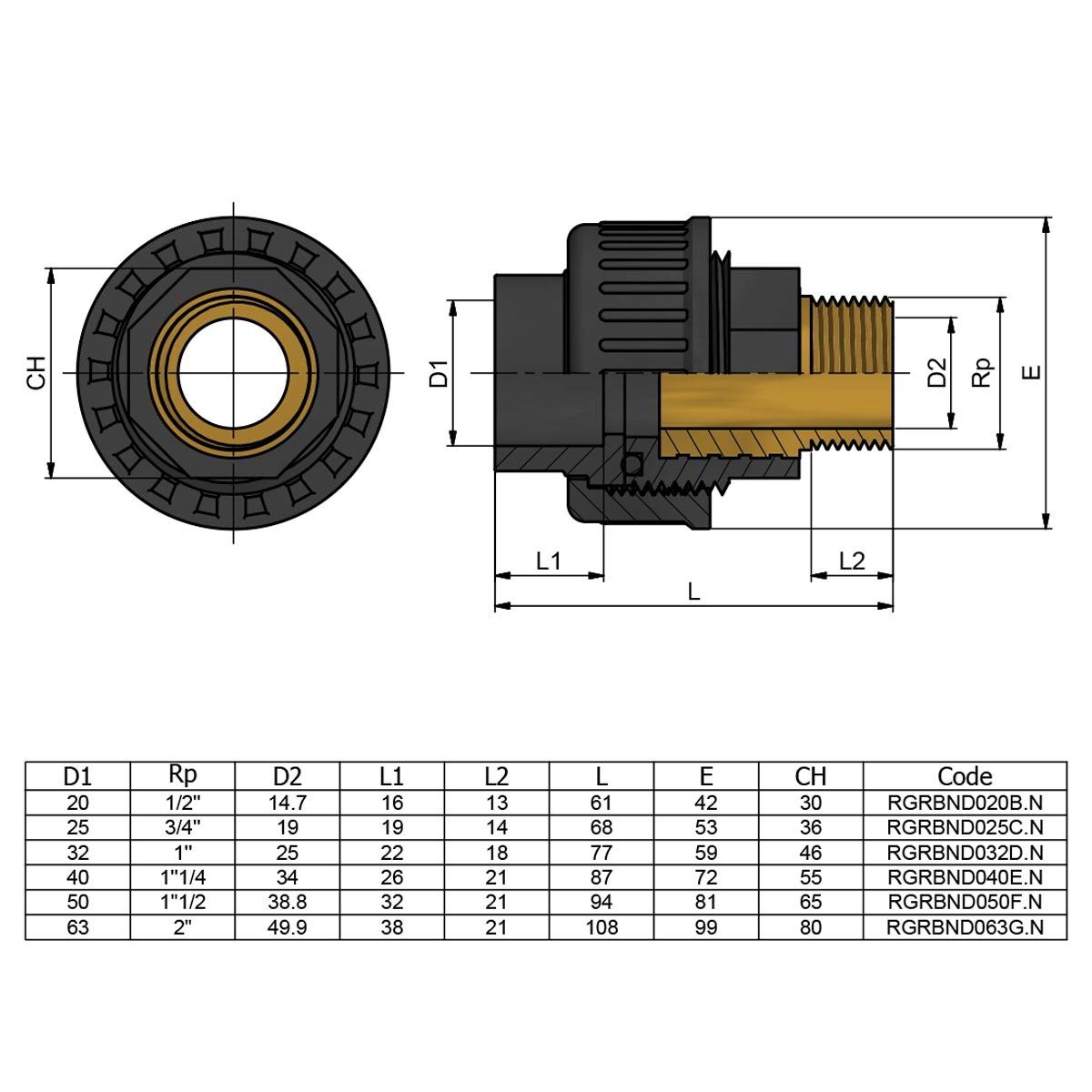 Муфта ПВХ Effast RGRBND050F.N перехідна із зовніньою різьбою, латунь d50x1-1/2" 2 Муфта ПВХ Effast RGRBND050F.N перехідна із зовніньою різьбою, латунь d50x1-1/2"